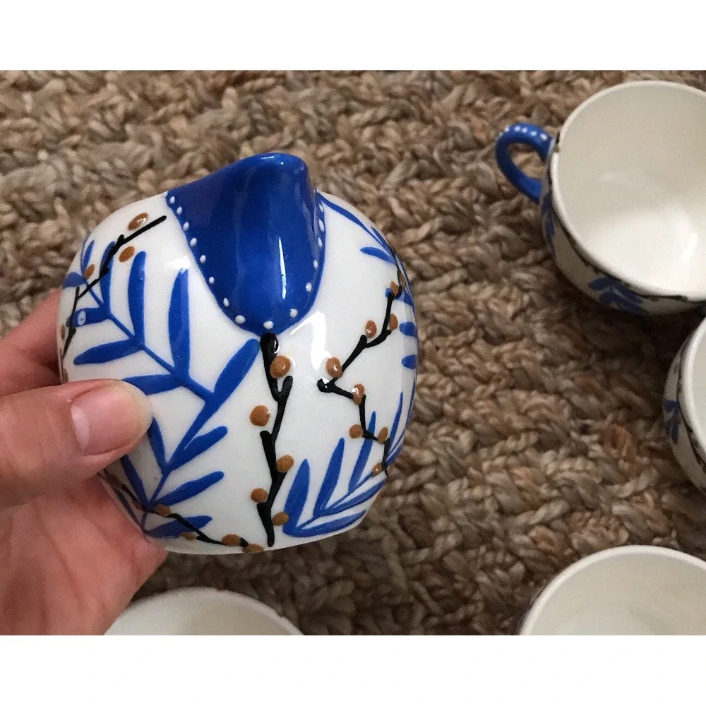 Vintage Hand Painted‎ Tea Set Blue White Creamer 4 Cups Saucers Floral Pottery